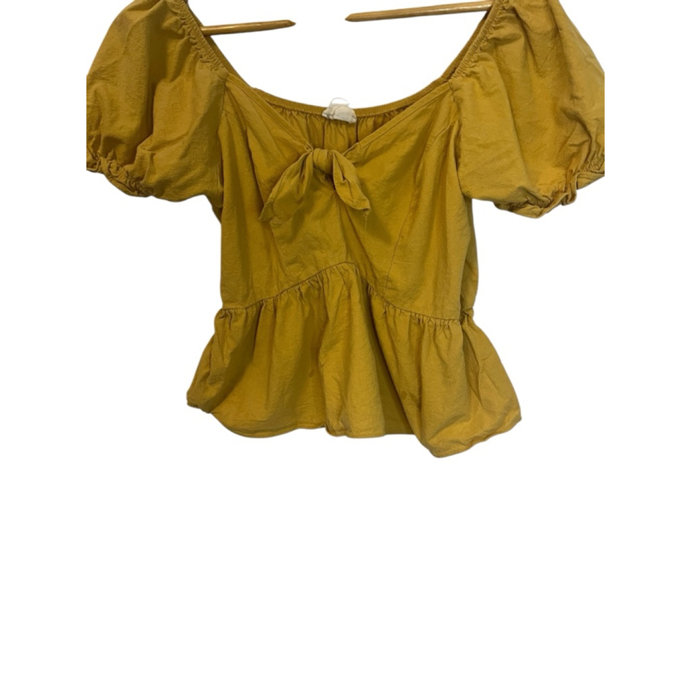 Sienna Sky Mustard Peplum Puff Sleeve Tie Front Cottagecore Top Medium - Picture 4 of 11